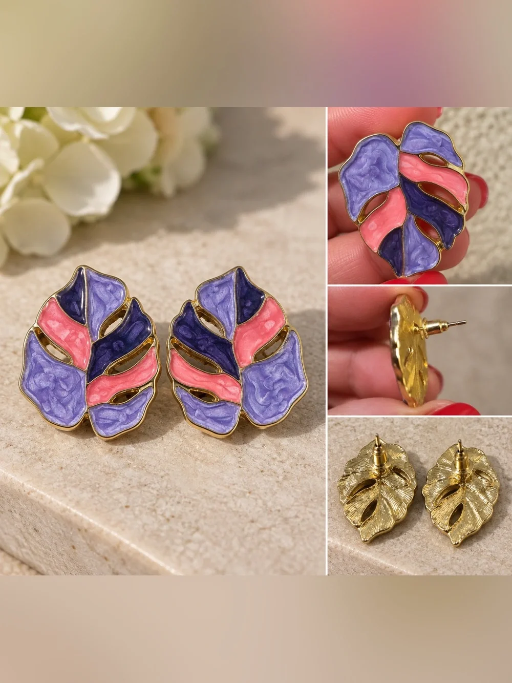 Colorful Enamel Leaf Statement Earrings – Pink & Purple Metal Earrings